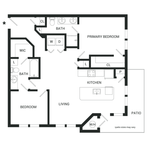Floor plan for 2 beds, 2 baths, 1068 sqft